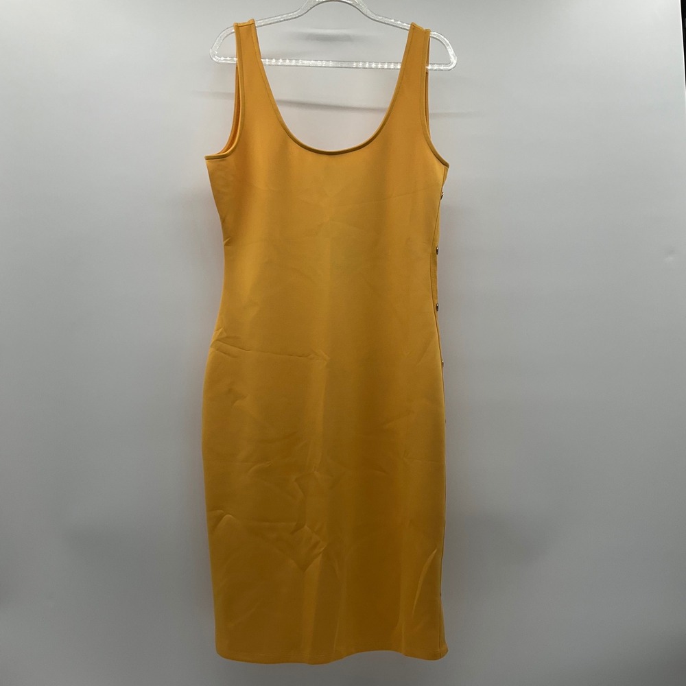 Knit Midi Dress Snap Side Sz Medium Gold Bodycon Y2K Classic Sleeveless 90s Chic
